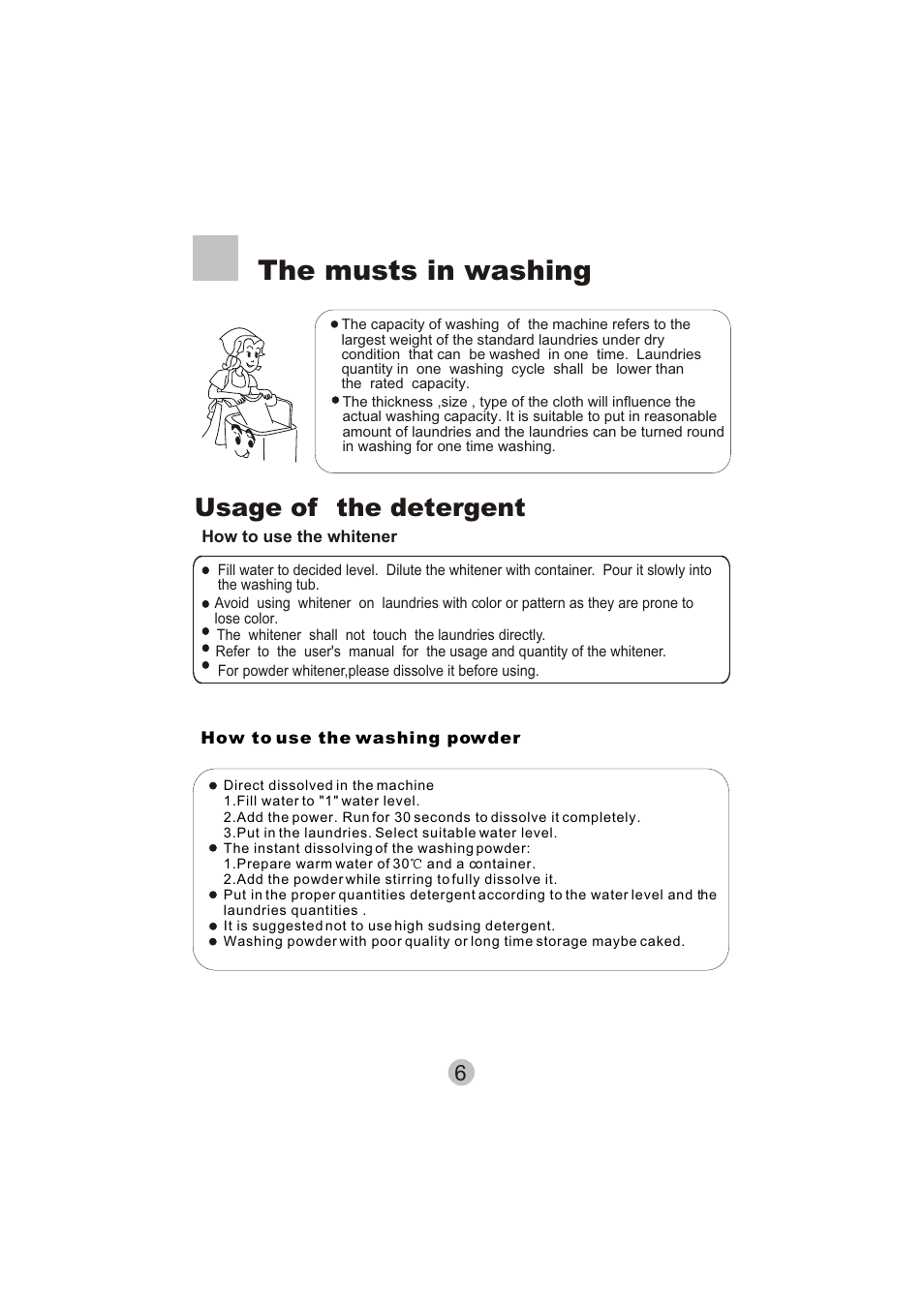 The musts in washing, Usage of the detergent | haier HWM20-0701 User Manual | Page 8 / 12