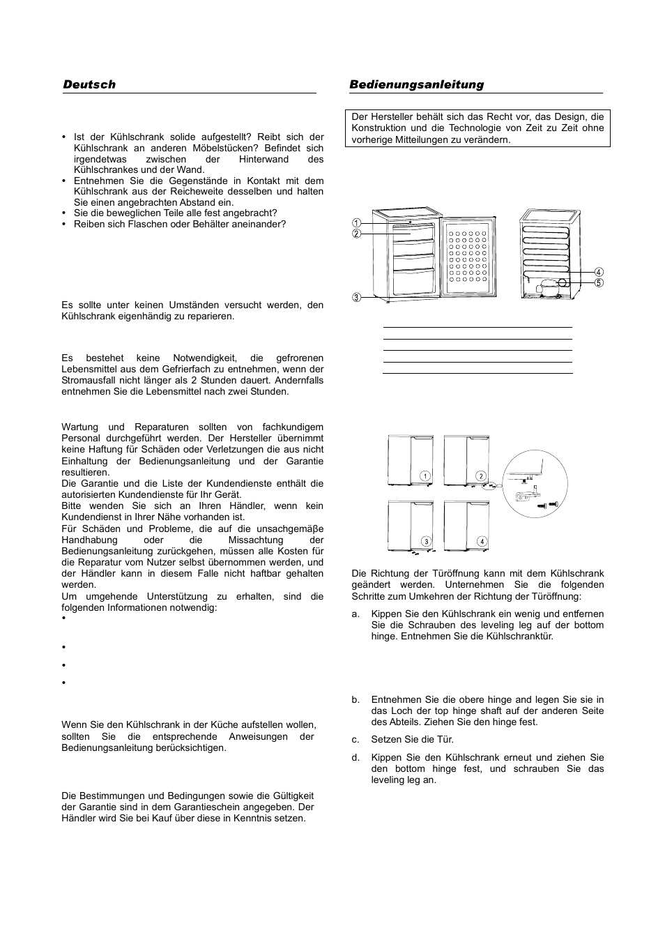 Während eines stromausfalles, Den kundendienst rufen, Aufbau in der küche | Garantie, Darstellung der innenbestandteile, Umkehrbare tür | haier HFN-136 User Manual | Page 10 / 60