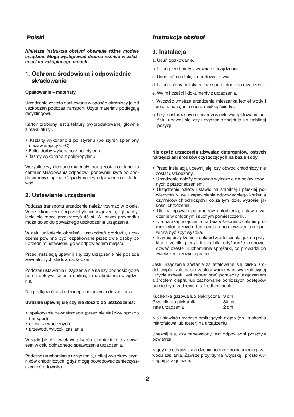 Ochrona środowiska i odpowiednie składowanie, Ustawienie urządzenia, Instalacja | haier HFN-136 User Manual | Page 54 / 60