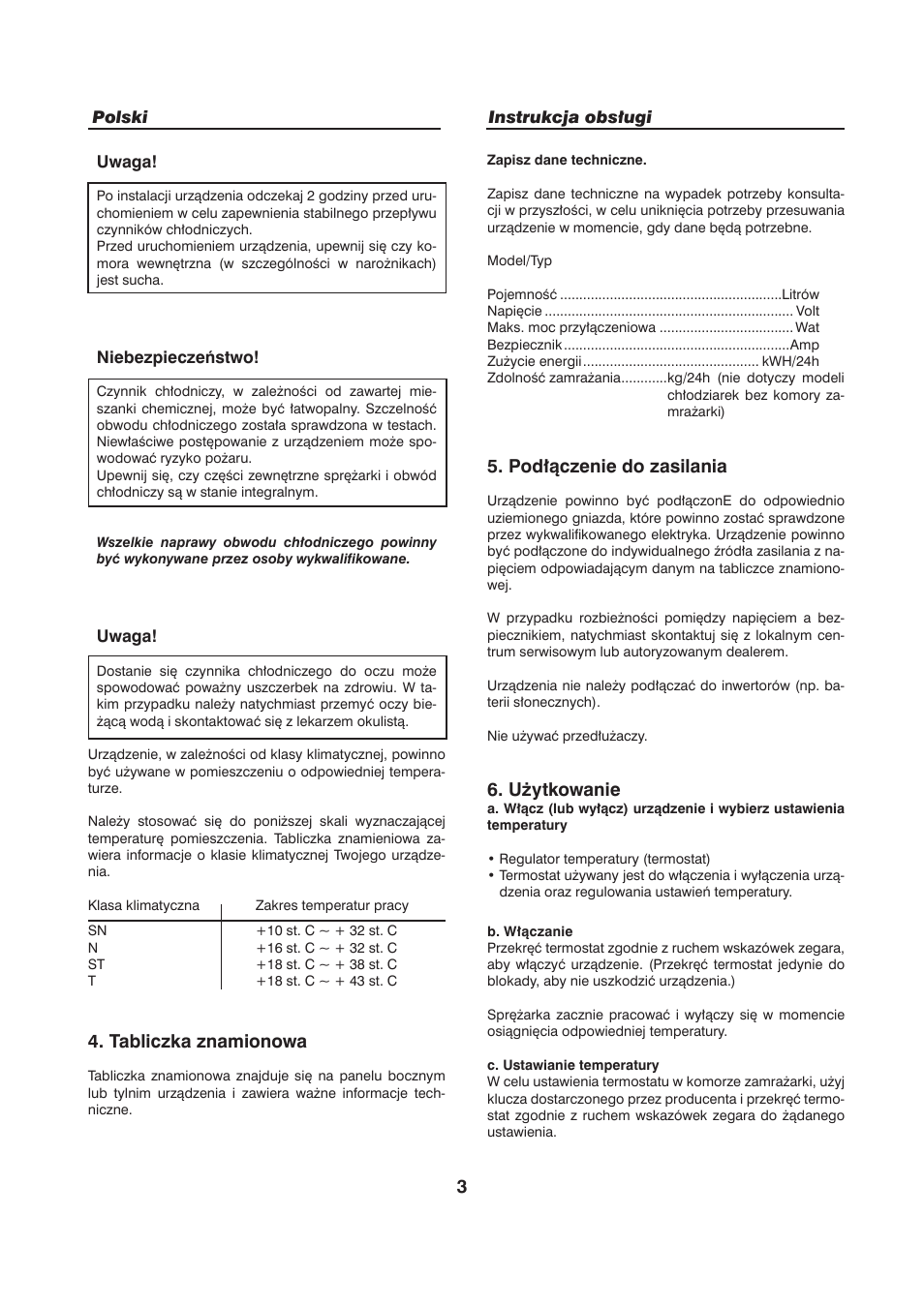 Tabliczka znamionowa, Podłączenie do zasilania, Użytkowanie | haier HFN-136 User Manual | Page 55 / 60