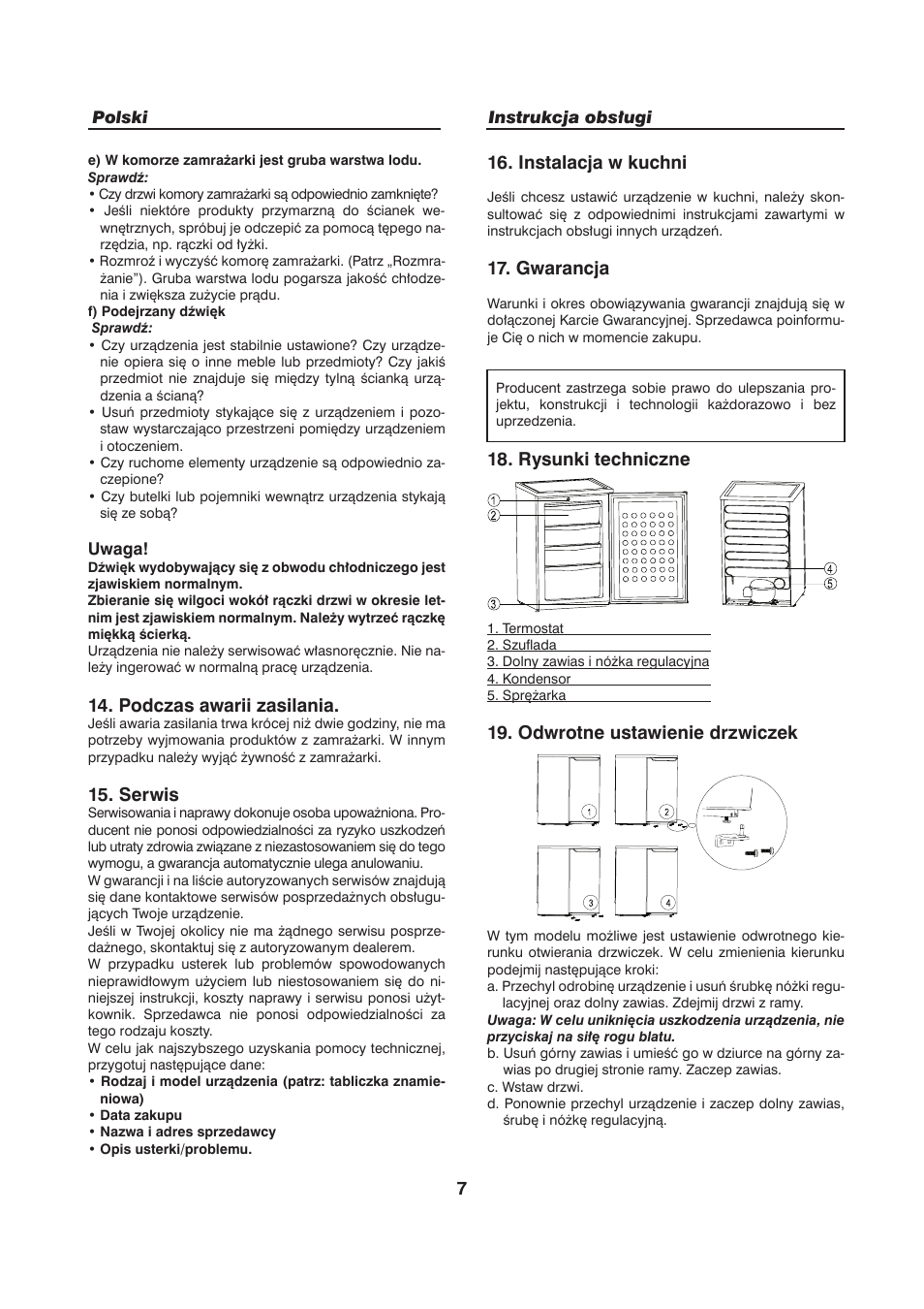 Podczas awarii zasilania, Serwis, Instalacja w kuchni | Gwarancja, Rysunki techniczne, Odwrotne ustawienie drzwiczek | haier HFN-136 User Manual | Page 59 / 60