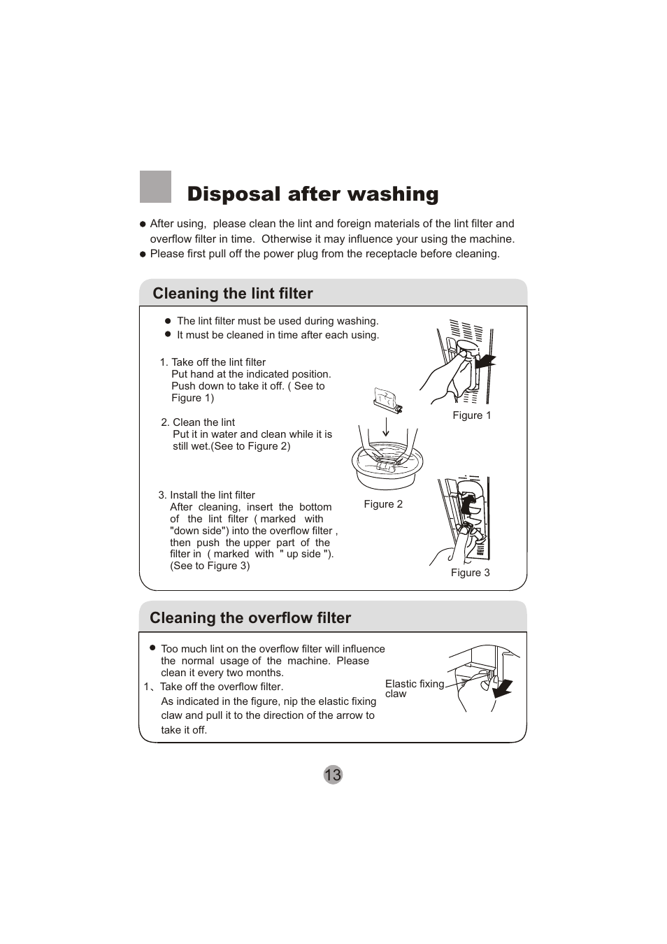 Disposal after washing, Cleaning the overflow filter, Cleaning the lint filter | haier XPB60-113S User Manual | Page 15 / 19