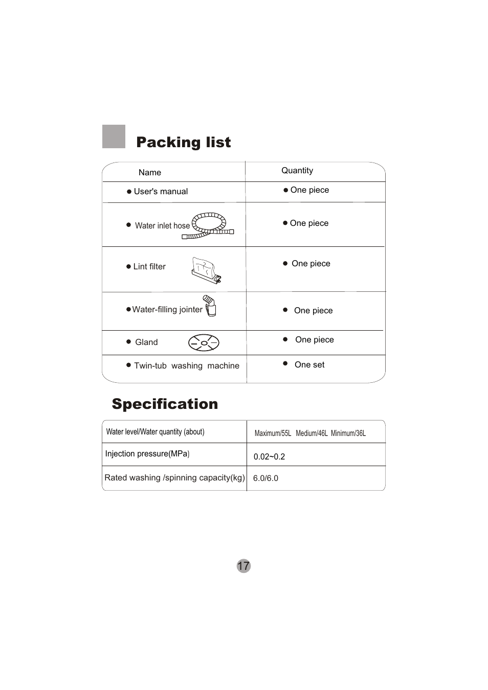 Packing list, Specification | haier XPB60-113S User Manual | Page 19 / 19