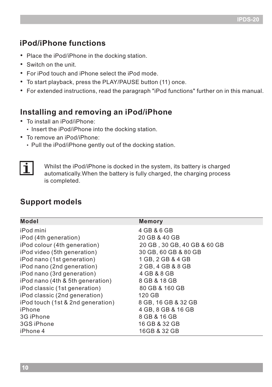 页 10, Ipod/iphone functions, Installing and removing an ipod/iphone | Support models | haier IPOD IPDS-20 User Manual | Page 10 / 14