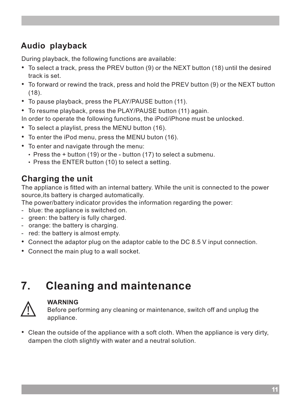 页 11, Cleaning and maintenance, Audio | Playback, Charging the unit | haier IPOD IPDS-20 User Manual | Page 11 / 14