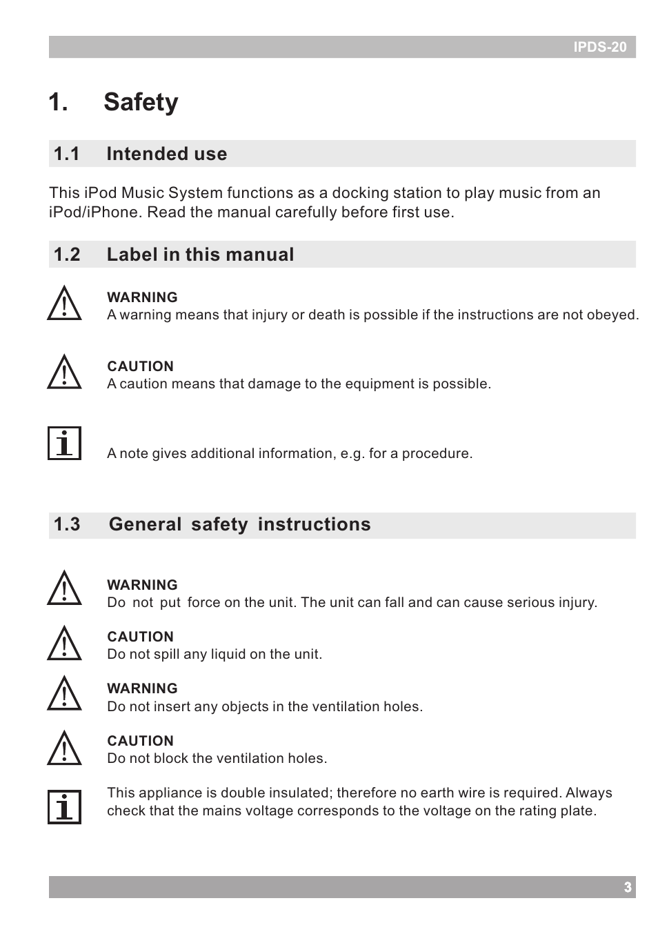 Safety, 1 intended use, 2 label in this manual | 3 general safety instructions | haier IPOD IPDS-20 User Manual | Page 3 / 14