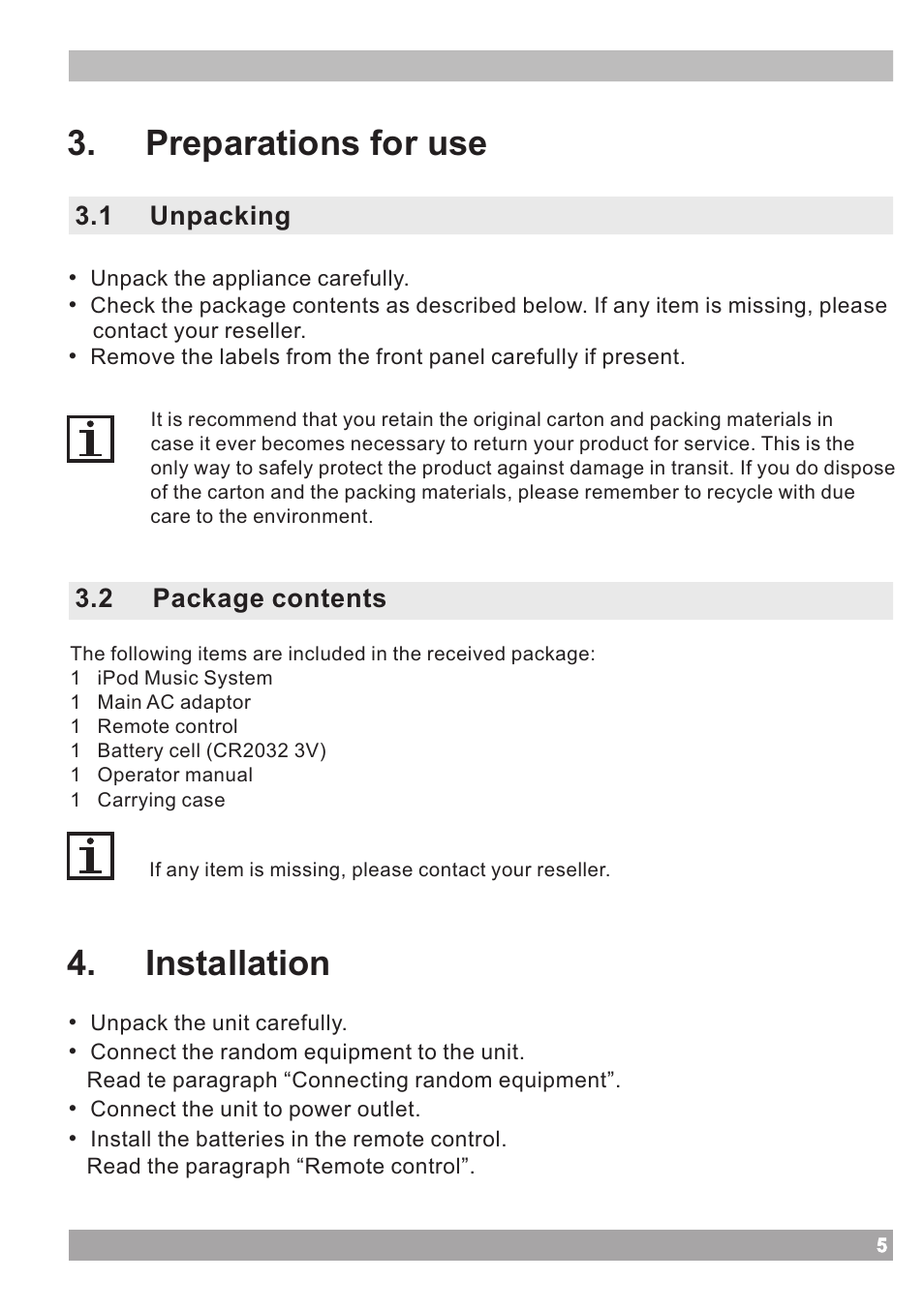 Preparations for use, Installation | haier IPOD IPDS-20 User Manual | Page 5 / 14