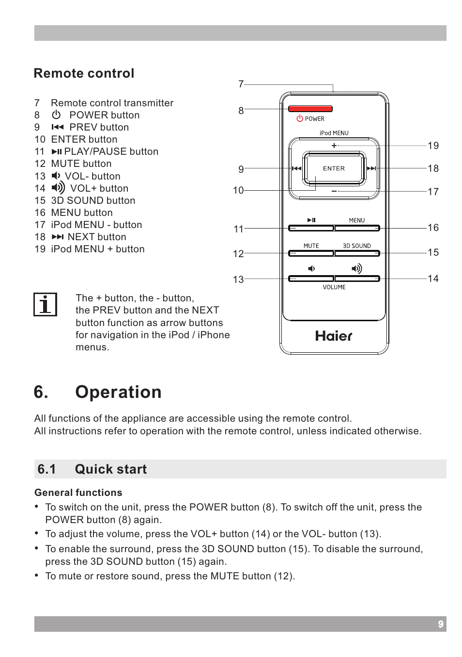 Operation, Remote control 6.1 quick start | haier IPOD IPDS-20 User Manual | Page 9 / 14