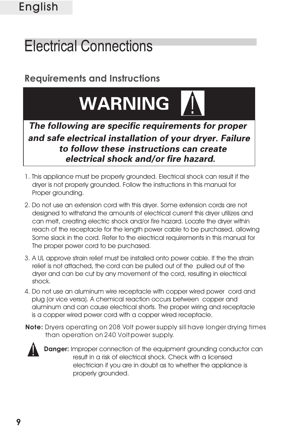 Т³гж 10, Electrical connections, English | Requirements and instructions | haier CRDE200AW User Manual | Page 10 / 25