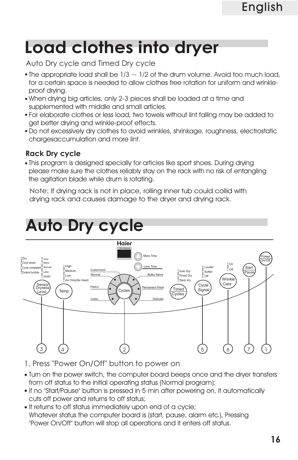 Т³гж 17, Load clothes into dryer, Auto dry cycle | English, Auto dry cycle and timed dry cycle, Rack dry cycle, Press "power on/off" button to power on | haier CRDE200AW User Manual | Page 17 / 25
