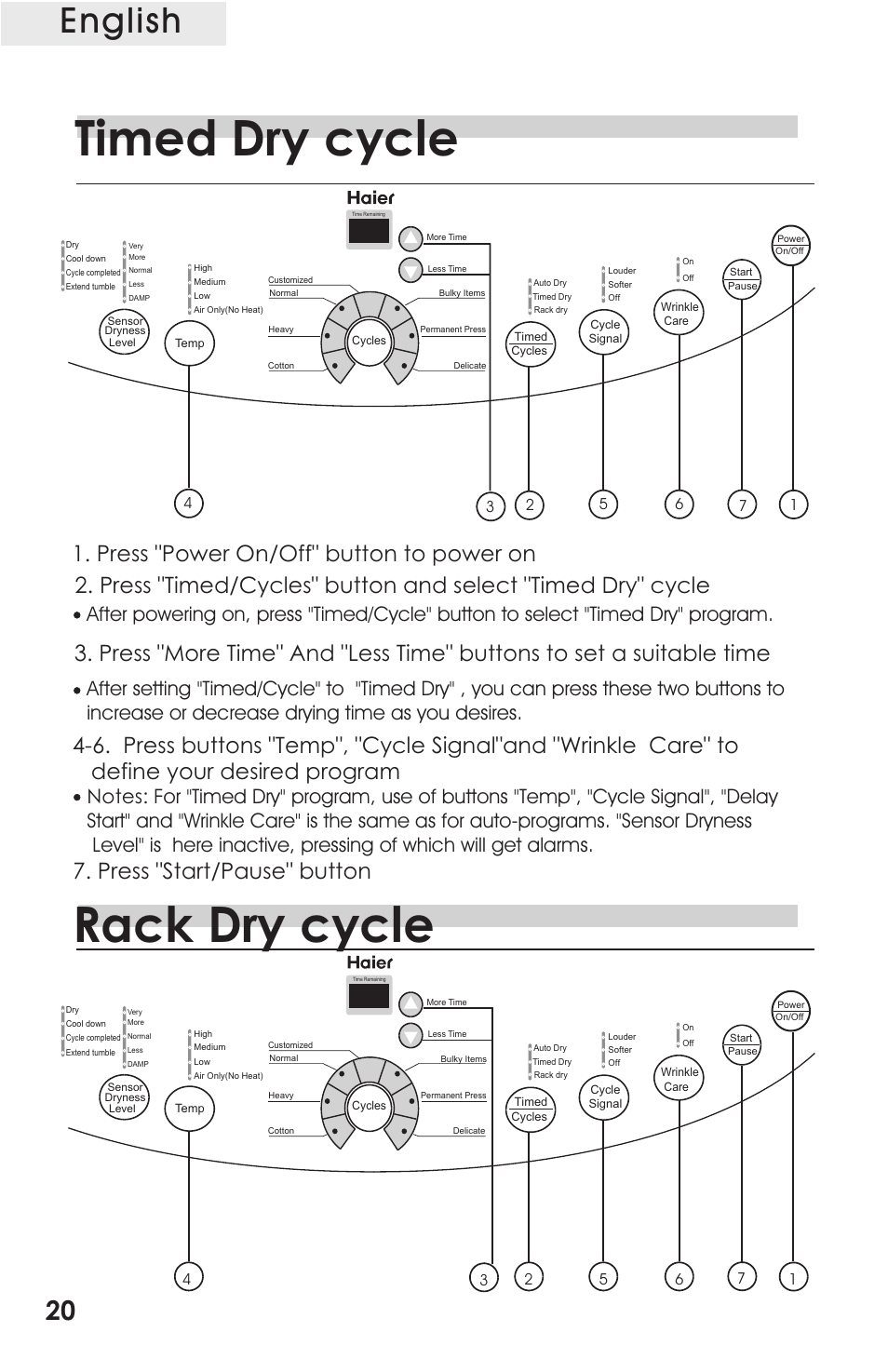 Т³гж 20, Timed dry cycle, Rack dry cycle | English, Press "start/pause" button | haier CRDE200AW User Manual | Page 20 / 25