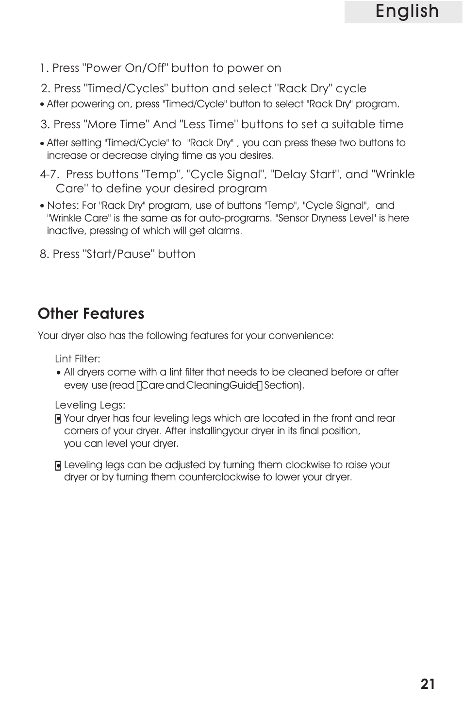 Т³гж 21, English, Other features | haier CRDE200AW User Manual | Page 21 / 25