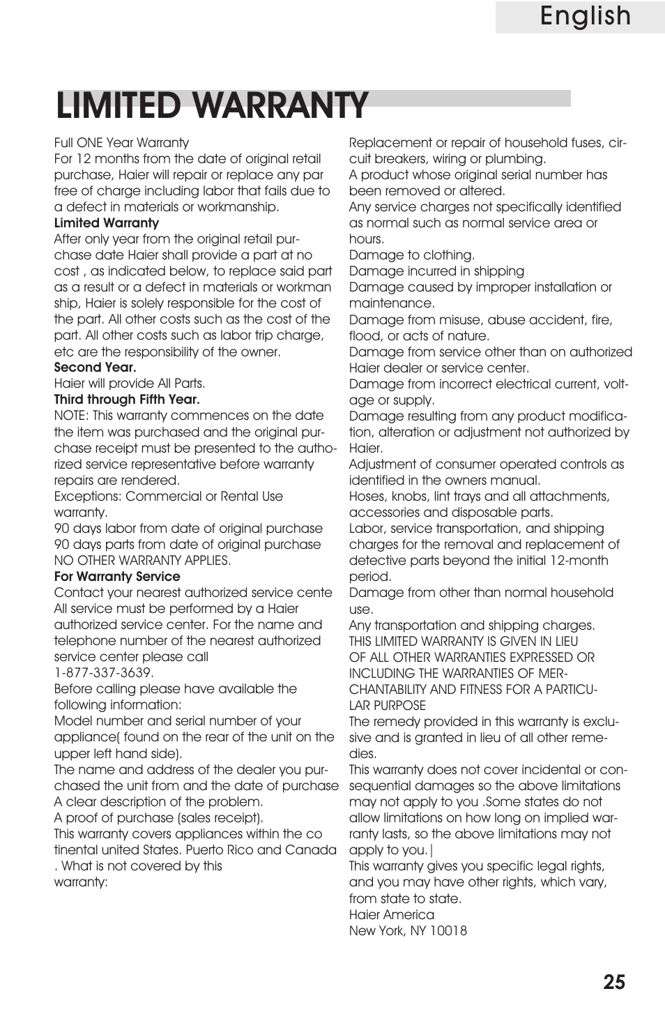 Т³гж 25, Limited warranty, English | haier CRDE200AW User Manual | Page 25 / 25