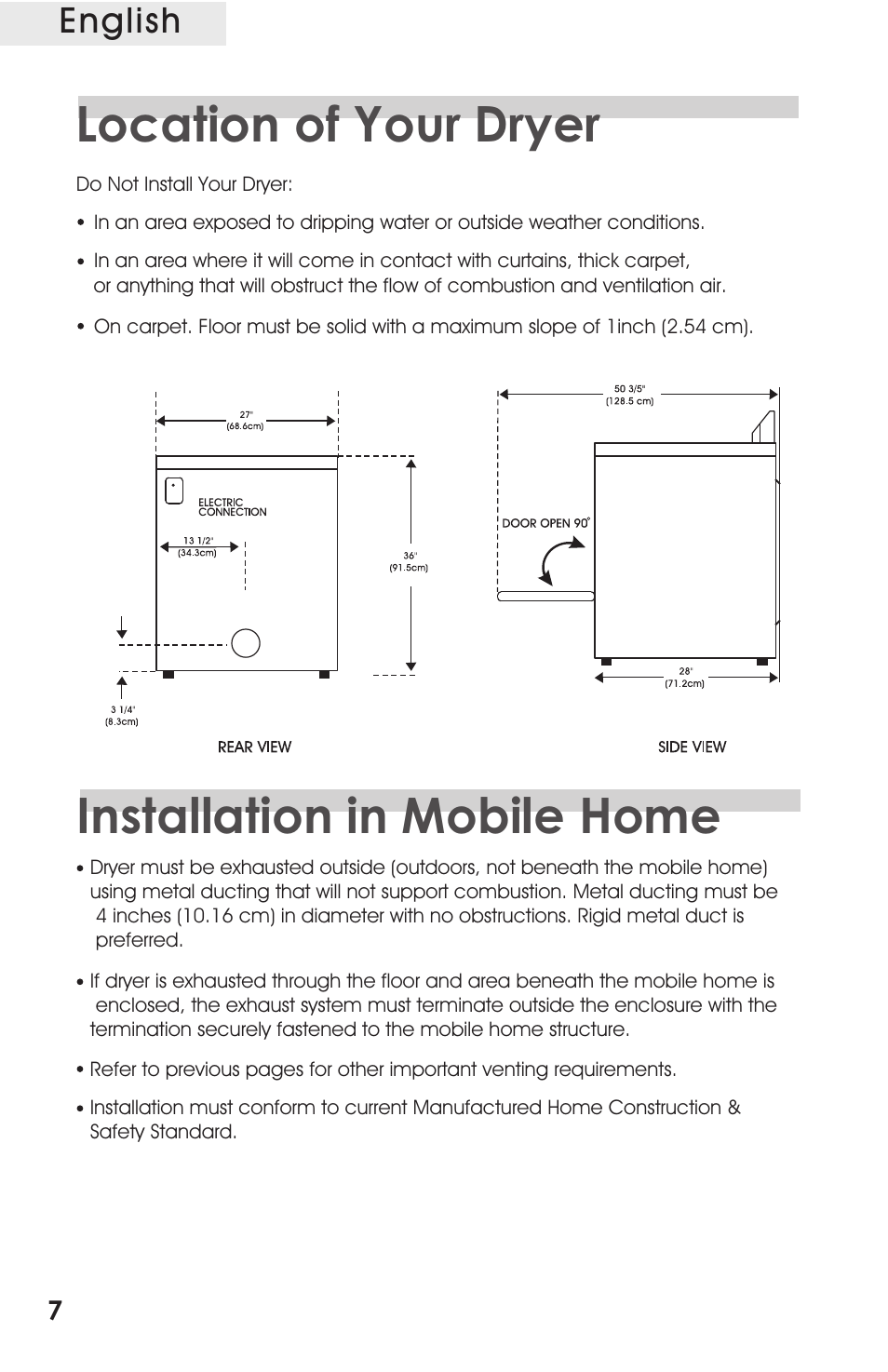 Т³гж 8, Location of your dryer, Installation in mobile home | English | haier CRDE200AW User Manual | Page 8 / 25