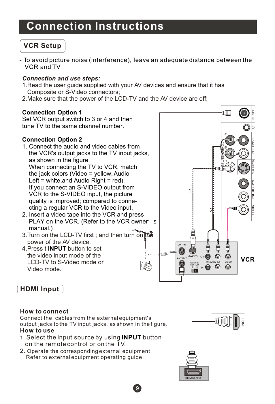 Т³гж 14, Connection instructions, Vcr setup | Hdmi input, How to connect, How to use, Input, Vcr 1 2 | haier HL19K1 User Manual | Page 14 / 49