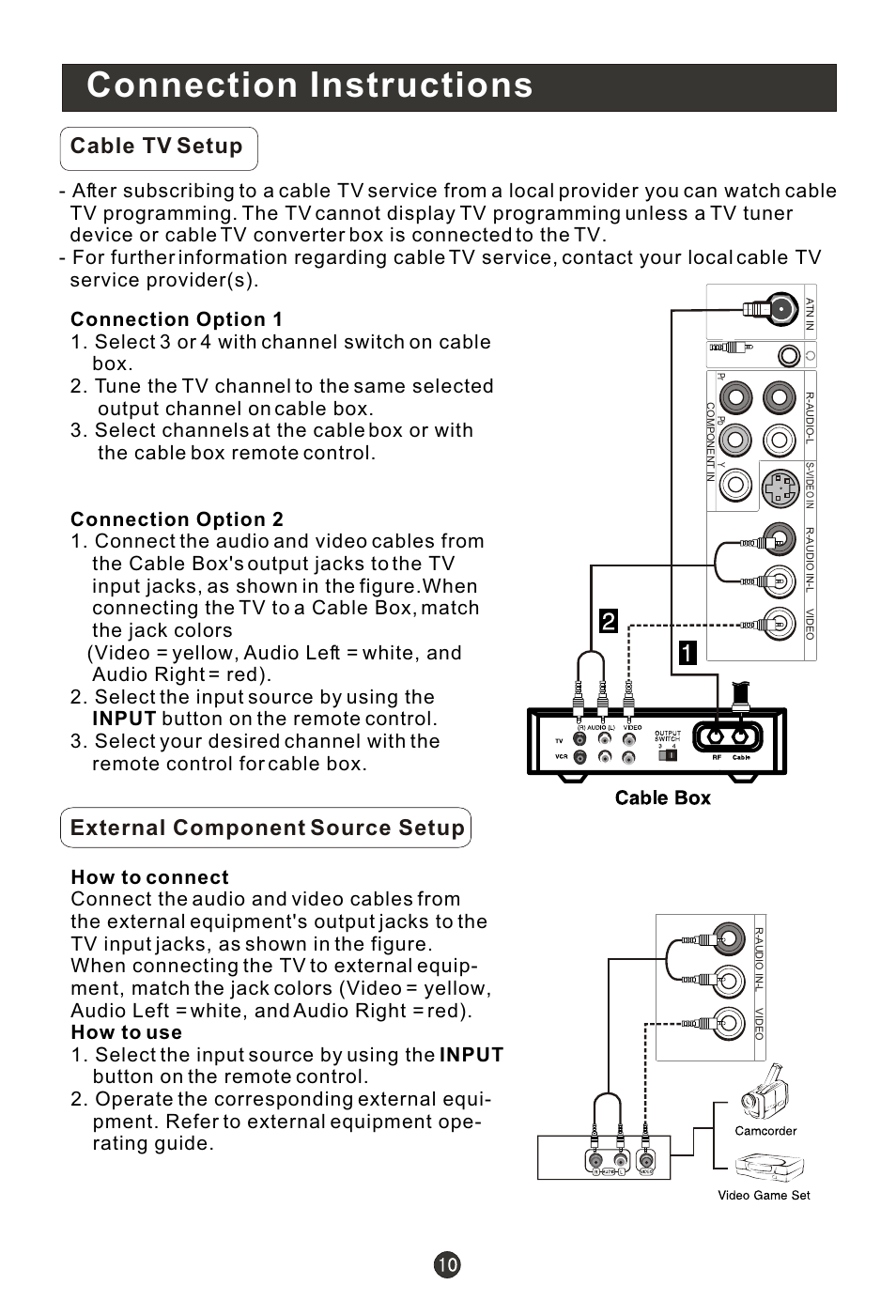 Т³гж 15, Connection instructions, Cable tv setup | External component source setup | haier HL19K1 User Manual | Page 15 / 49