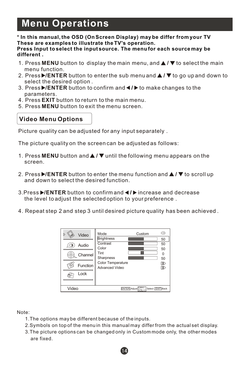 Т³гж 19, Menu operations, Video menu options | haier HL19K1 User Manual | Page 19 / 49