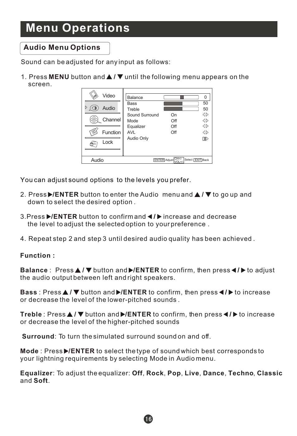 Т³гж 21, Menu operations, Audio menu options | haier HL19K1 User Manual | Page 21 / 49