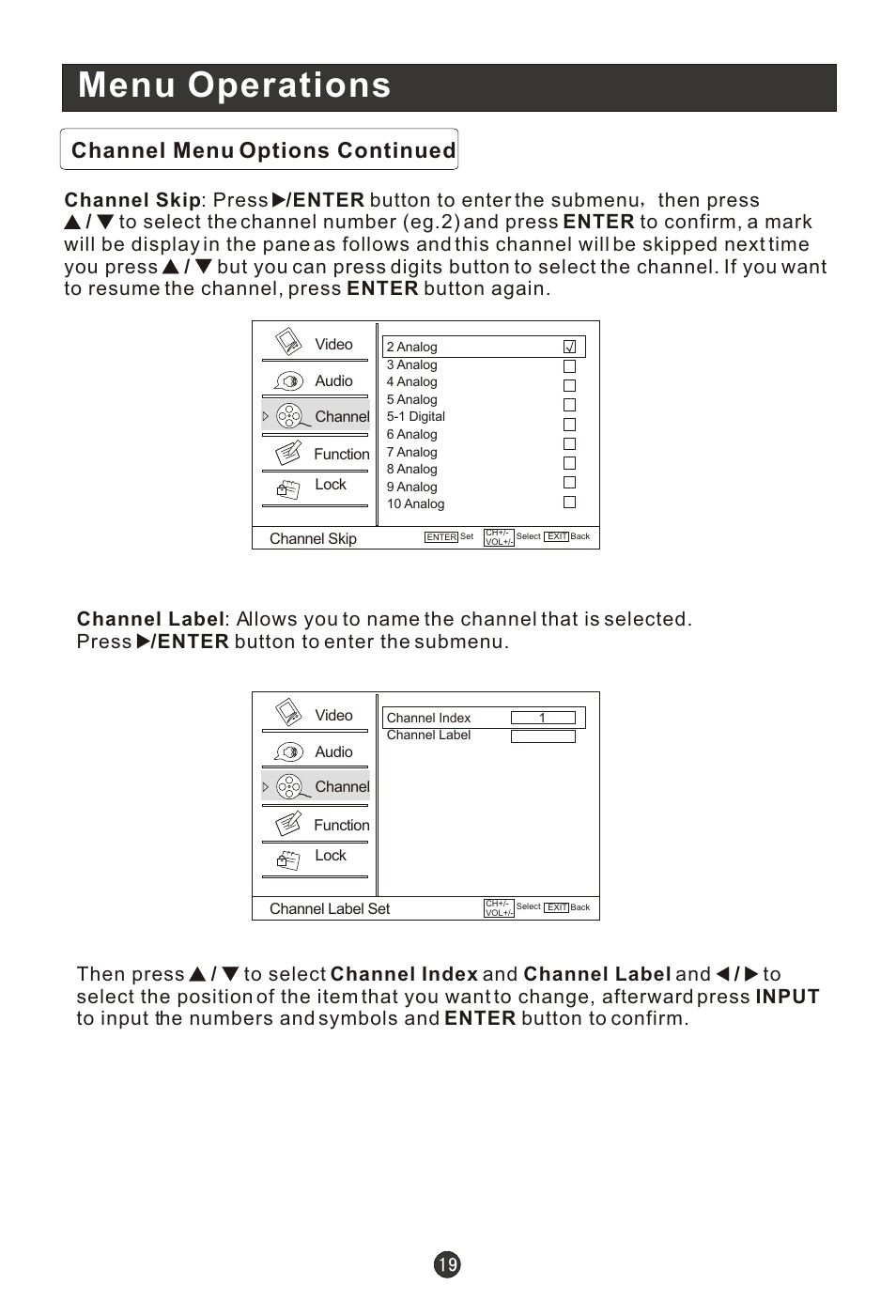Т³гж 24, Menu operations, Channel menu options continued | haier HL19K1 User Manual | Page 24 / 49