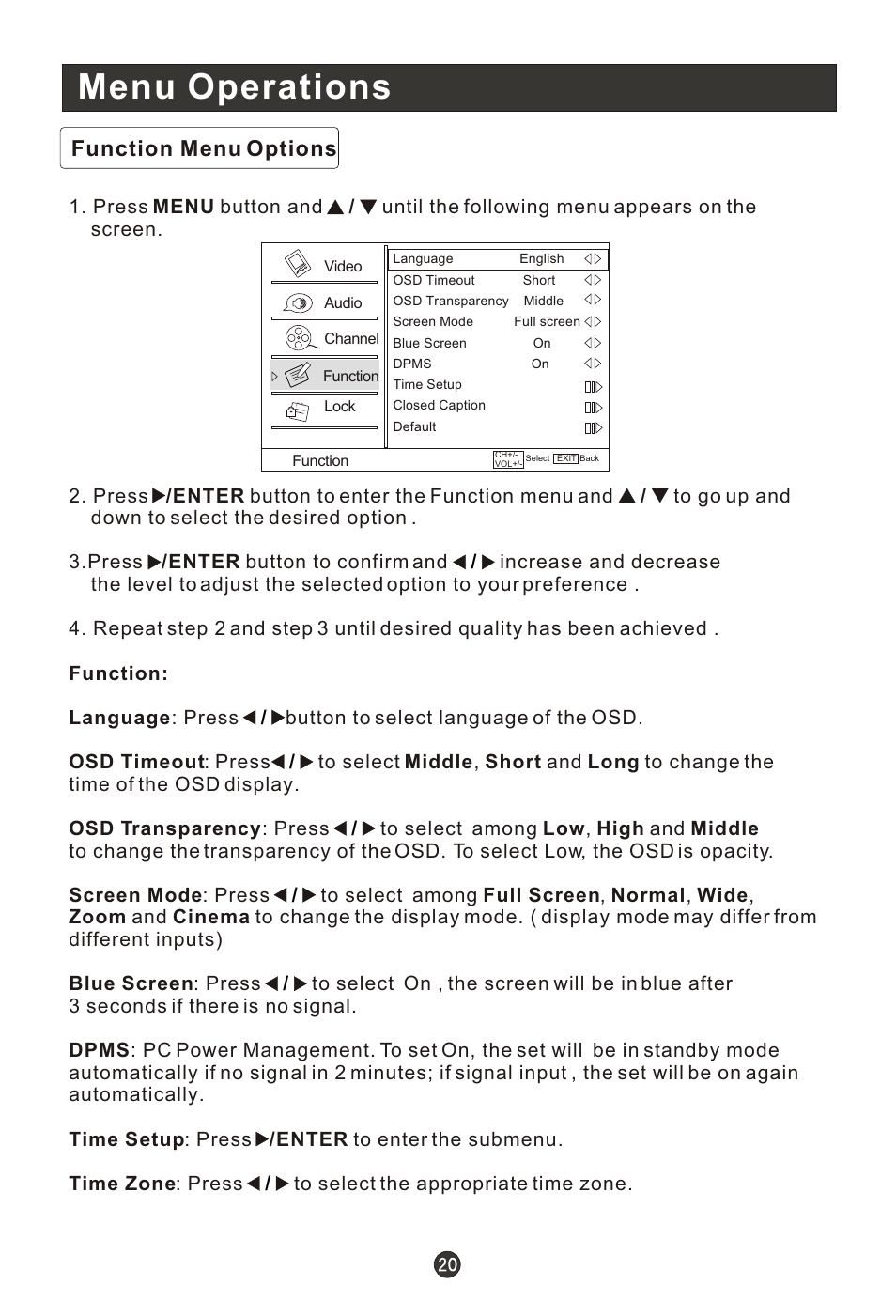 Т³гж 25, Menu operations, Function menu options | haier HL19K1 User Manual | Page 25 / 49