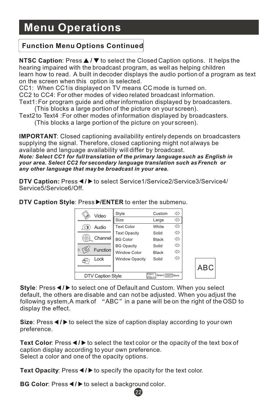 Т³гж 27, Menu operations, Function menu options continued | haier HL19K1 User Manual | Page 27 / 49