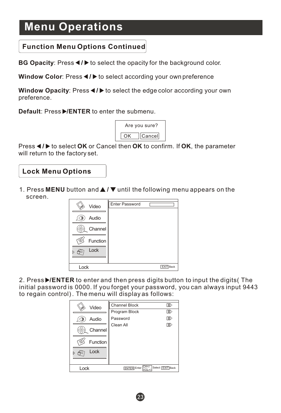 Т³гж 28, Menu operations, Function menu options continued | Lock menu options | haier HL19K1 User Manual | Page 28 / 49