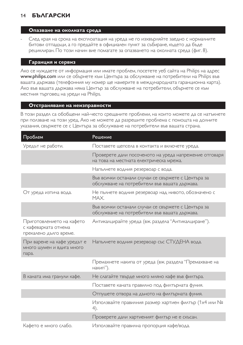 Опазване на околната среда, Гаранция и сервиз, Отстраняване на неизправности | Philips HD7583 User Manual | Page 14 / 86