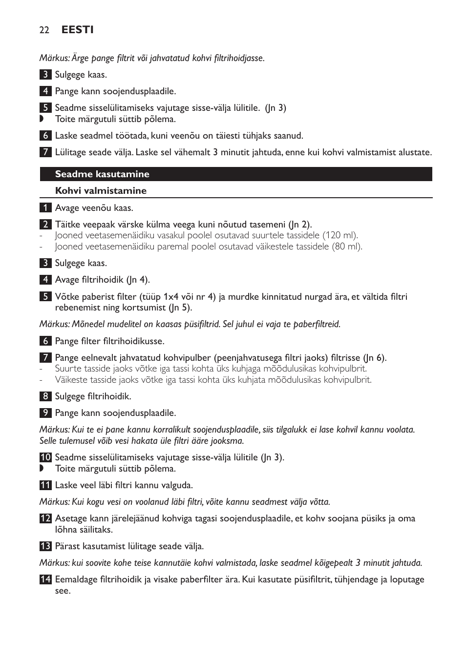 Seadme kasutamine, Kohvi valmistamine, Puhastamine | Philips HD7583 User Manual | Page 22 / 86