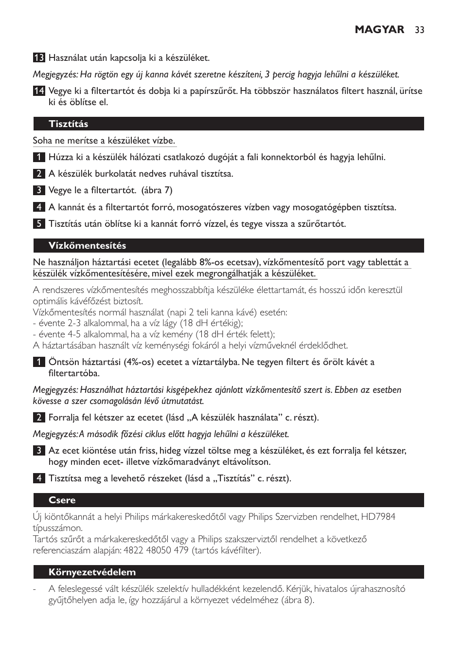 Tisztítás, Vízkőmentesítés, Csere | Környezetvédelem, Jótállás és szerviz | Philips HD7583 User Manual | Page 33 / 86