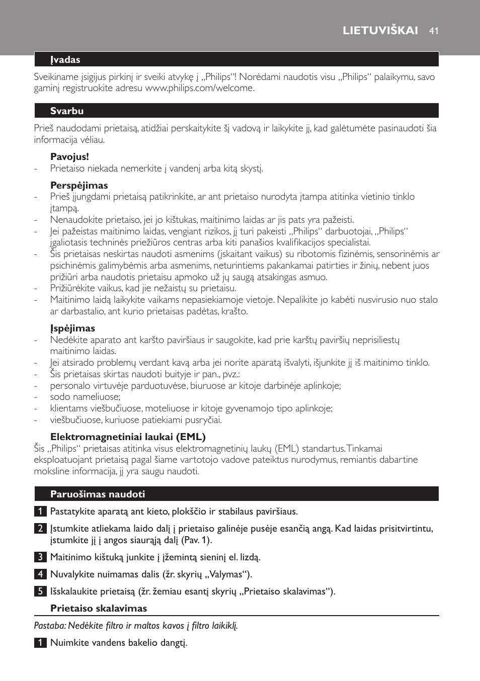 Pavojus, Perspėjimas, Įspėjimas | Elektromagnetiniai laukai (eml), Lietuviškai, Įvadas, Svarbu, Paruošimas naudoti, Prietaiso skalavimas | Philips HD7583 User Manual | Page 41 / 86