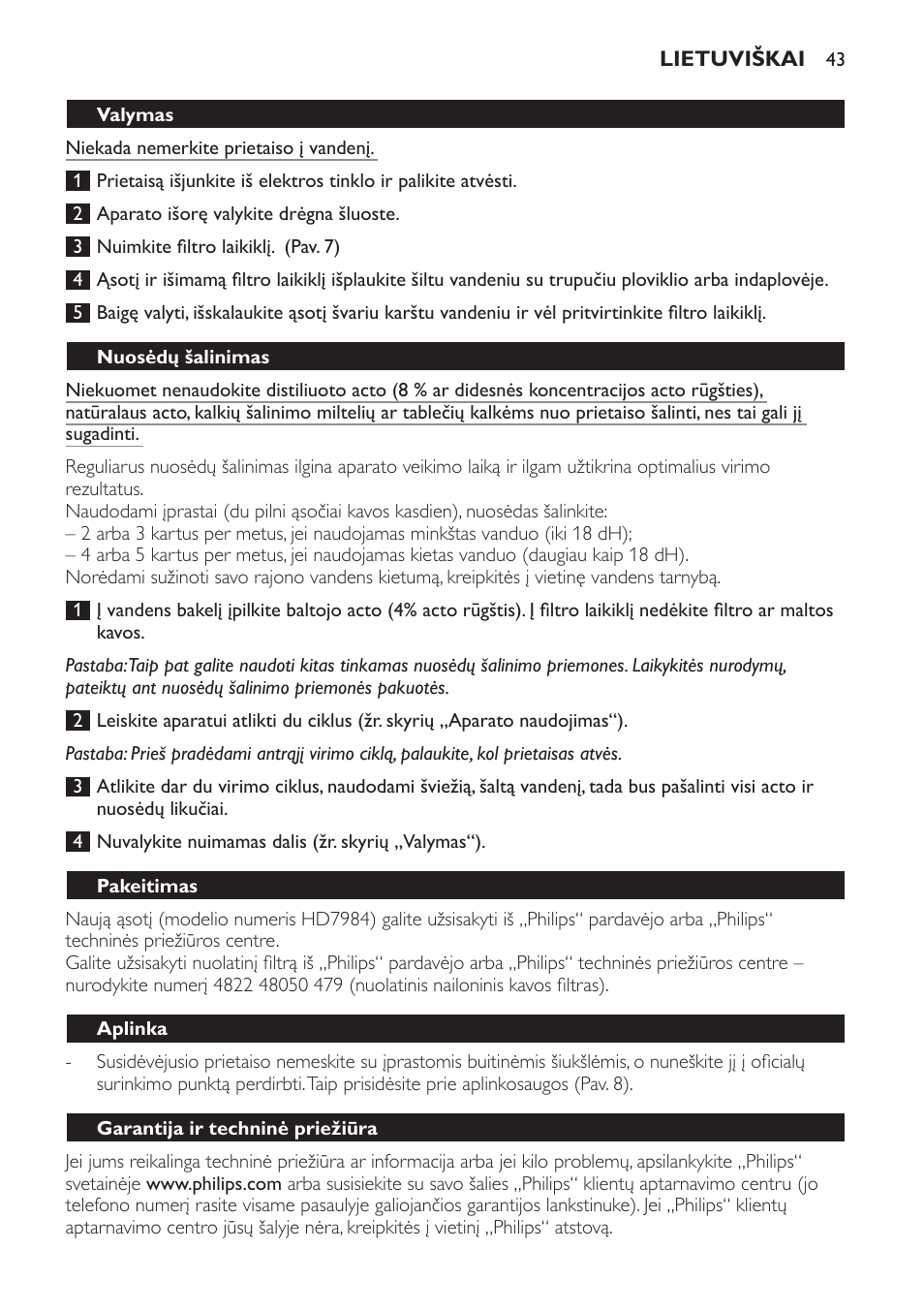 Valymas, Nuosėdų šalinimas, Pakeitimas | Aplinka, Garantija ir techninė priežiūra | Philips HD7583 User Manual | Page 43 / 86