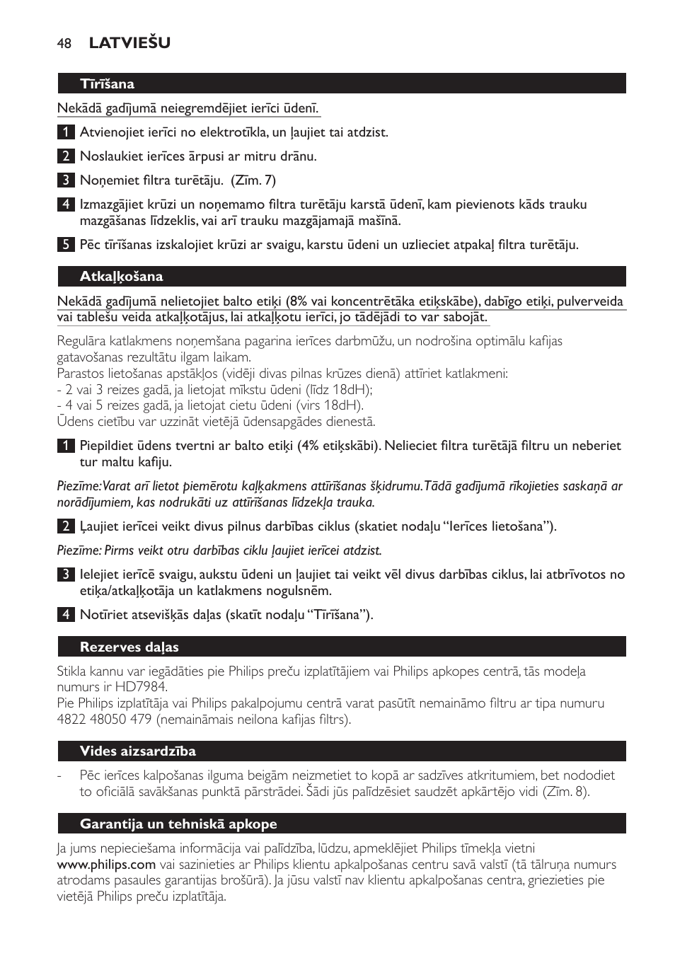 Tīrīšana, Atkaļķošana, Rezerves daļas | Vides aizsardzība, Garantija un tehniskā apkope | Philips HD7583 User Manual | Page 48 / 86