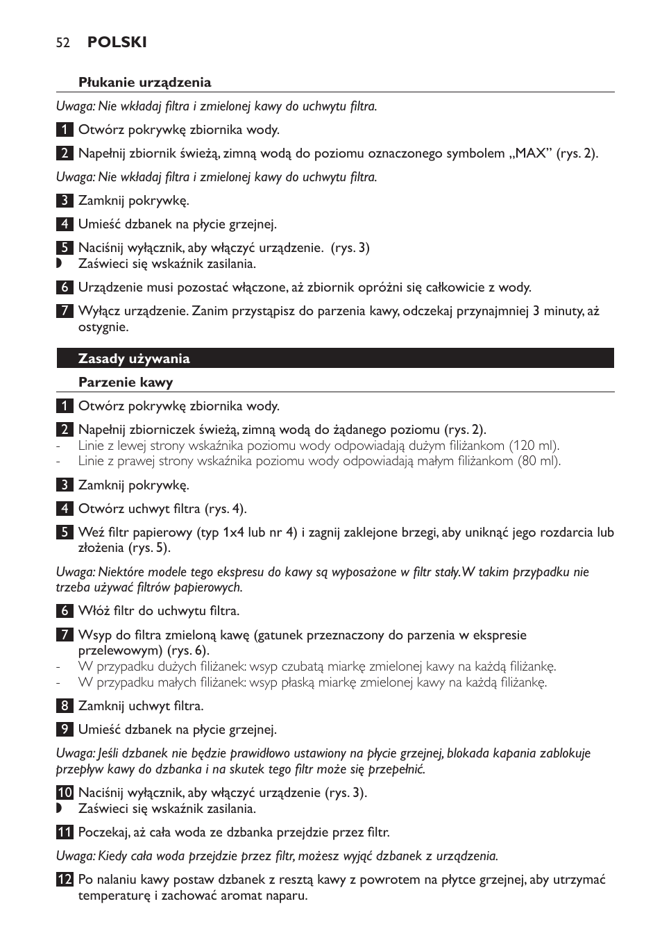 Płukanie urządzenia, Zasady używania, Parzenie kawy | Philips HD7583 User Manual | Page 52 / 86