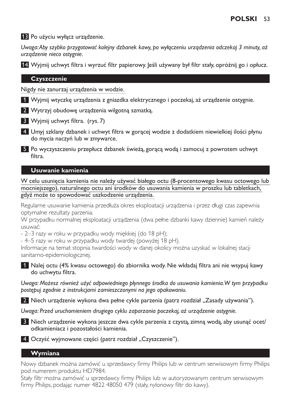 Czyszczenie, Usuwanie kamienia, Wymiana | Philips HD7583 User Manual | Page 53 / 86