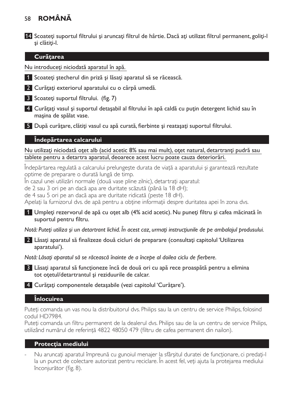 Curăţarea, Îndepărtarea calcarului, Înlocuirea | Protecţia mediului | Philips HD7583 User Manual | Page 58 / 86