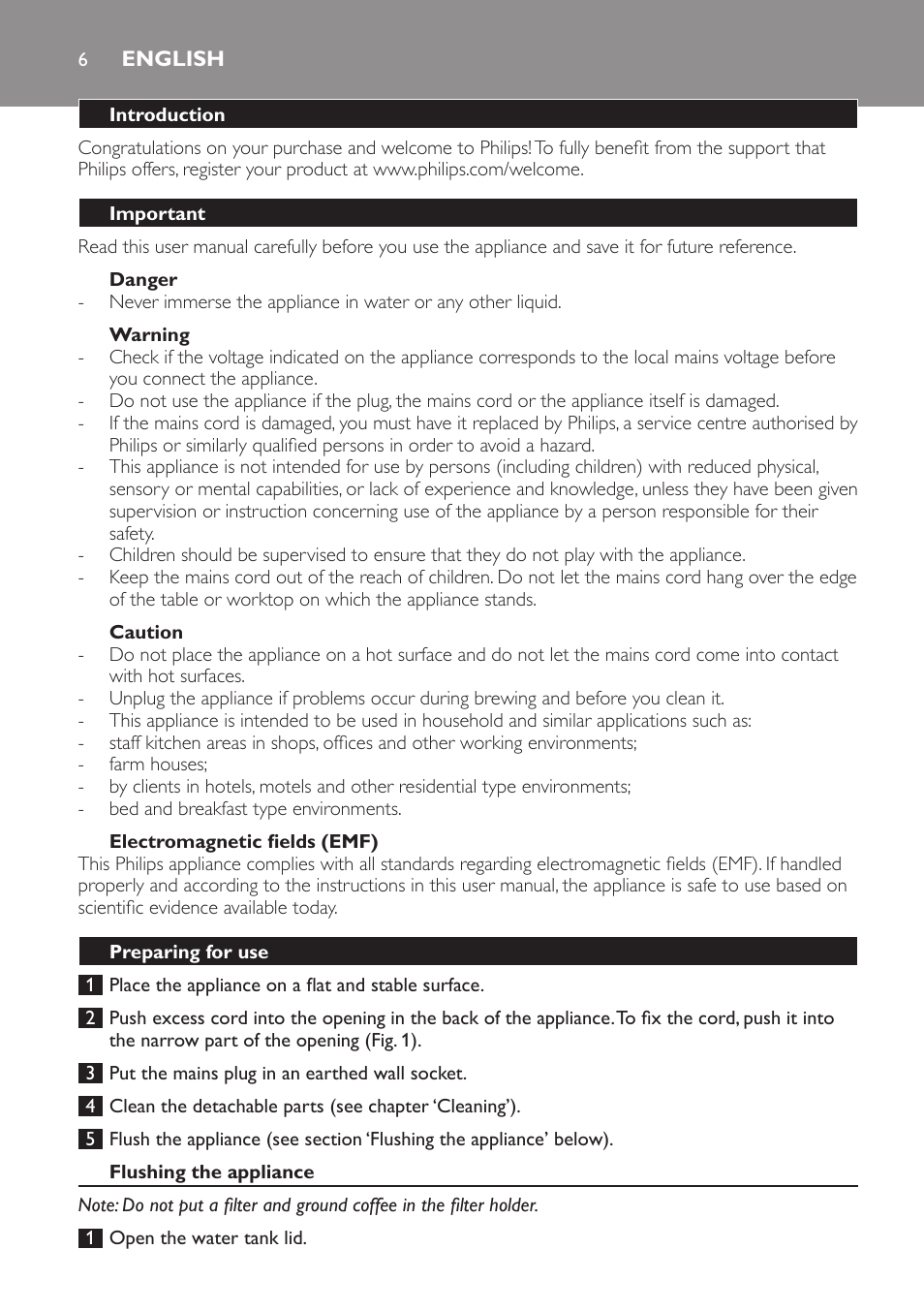 English, Introduction, Important | Danger, Warning, Caution, Electromagnetic fields (emf), Preparing for use, Flushing the appliance | Philips HD7583 User Manual | Page 6 / 86