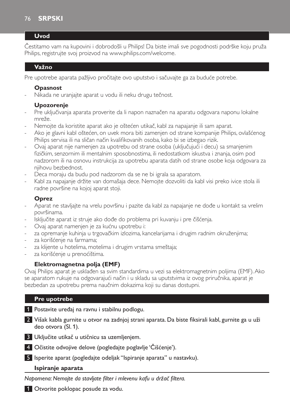 Opasnost, Upozorenje, Oprez | Elektromagnetna polja (emf), Srpski, Uvod, Važno, Pre upotrebe, Ispiranje aparata | Philips HD7583 User Manual | Page 76 / 86