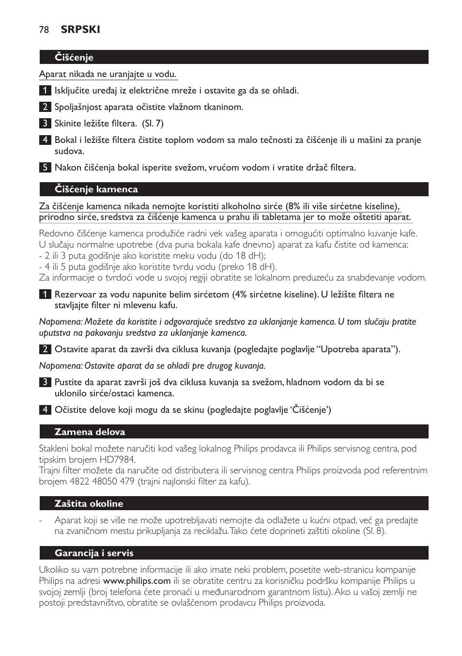Čišćenje, Čišćenje kamenca, Zamena delova | Zaštita okoline, Garancija i servis | Philips HD7583 User Manual | Page 78 / 86