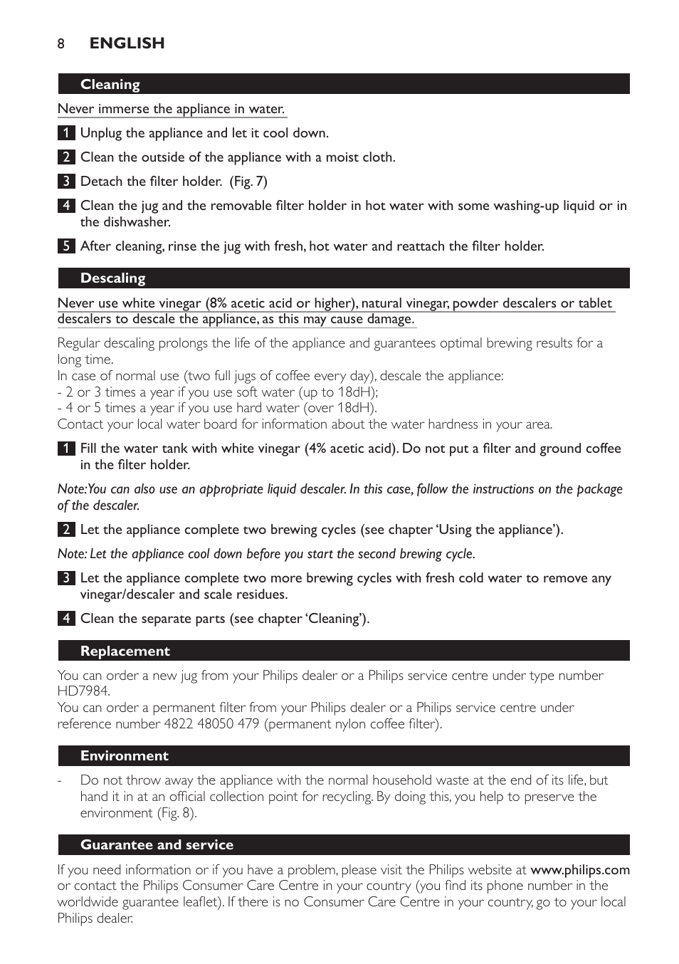 Cleaning, Descaling, Replacement | Environment, Guarantee and service | Philips HD7583 User Manual | Page 8 / 86