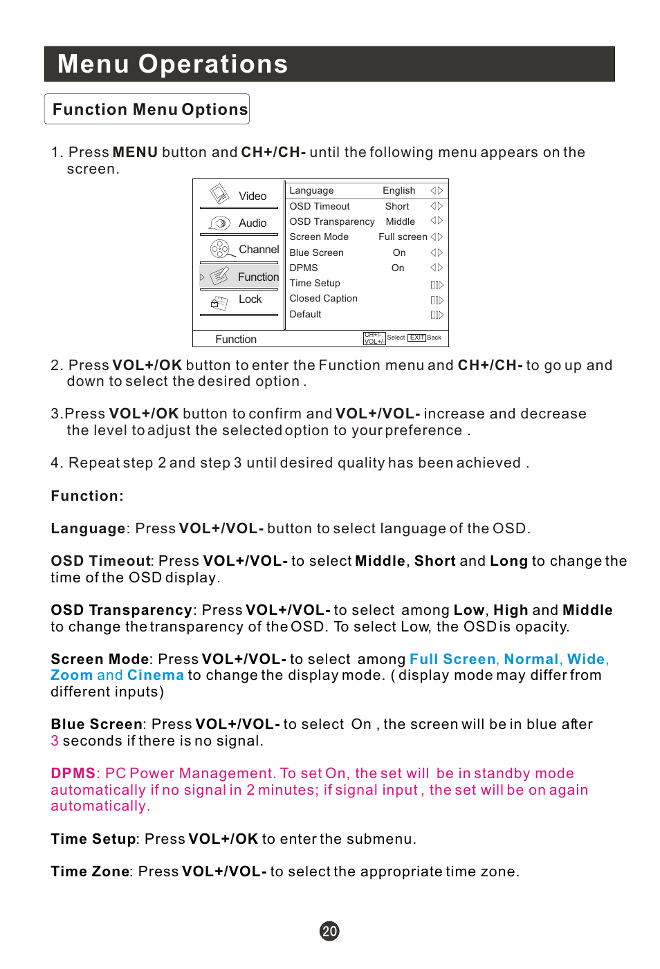 Menu operations, Function menu options | haier HL15R User Manual | Page 25 / 47