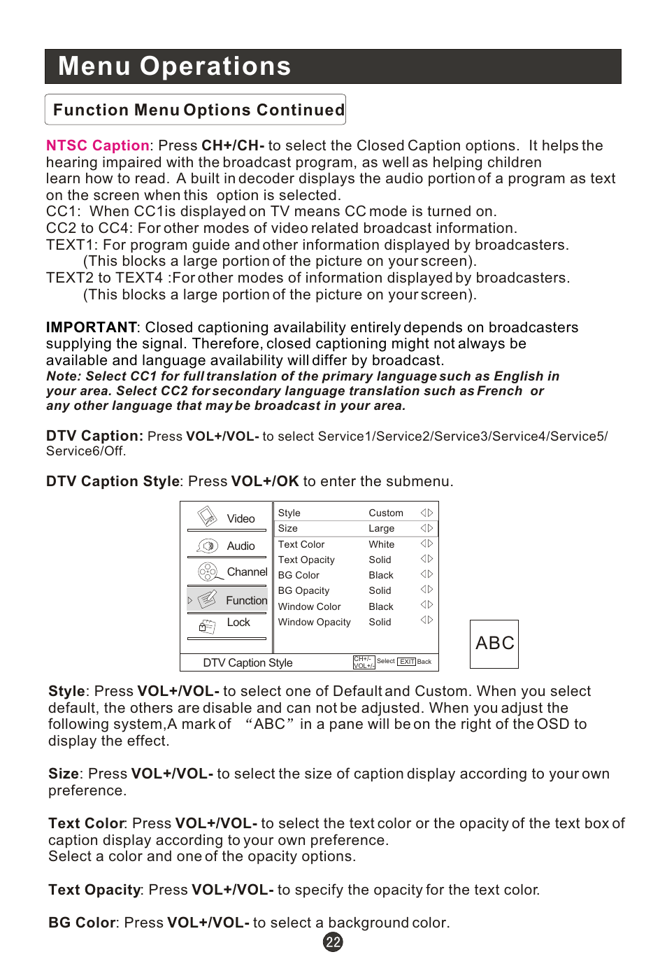 Menu operations, Function menu options continued, Dtv caption | haier HL15R User Manual | Page 27 / 47