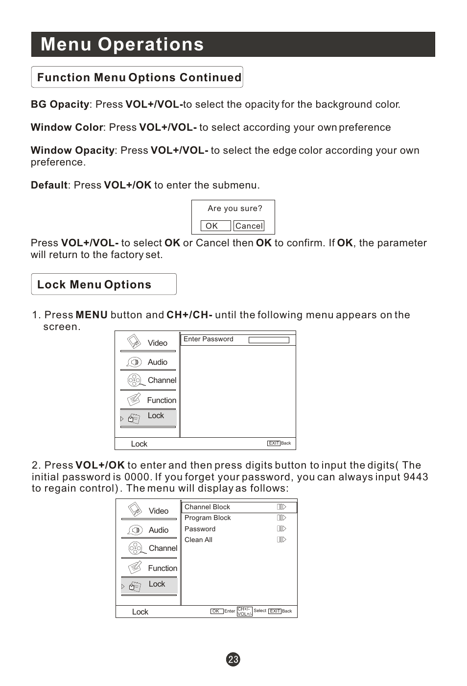 Menu operations, Function menu options continued, Lock menu options | haier HL15R User Manual | Page 28 / 47