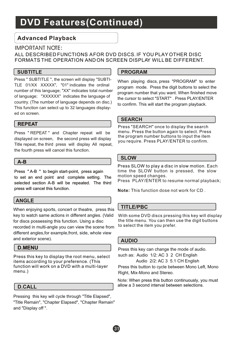 Dvd features(continued), Advanced playback | haier HL15R User Manual | Page 36 / 47