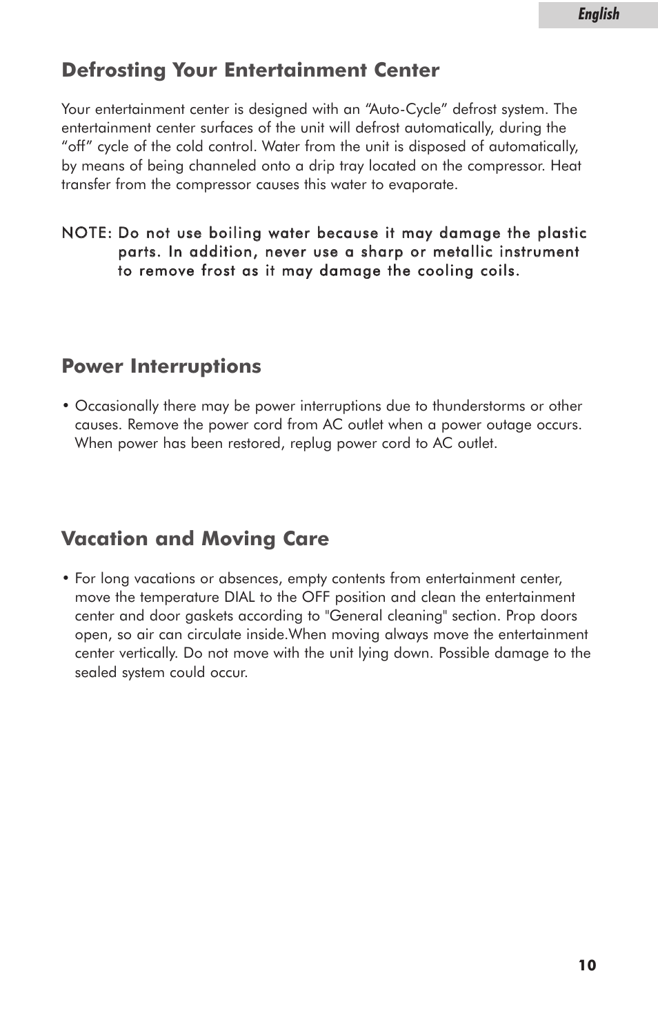 Defrosting your entertainment center, Power interruptions, Vacation and moving care | haier HBCN05EBB User Manual | Page 11 / 14