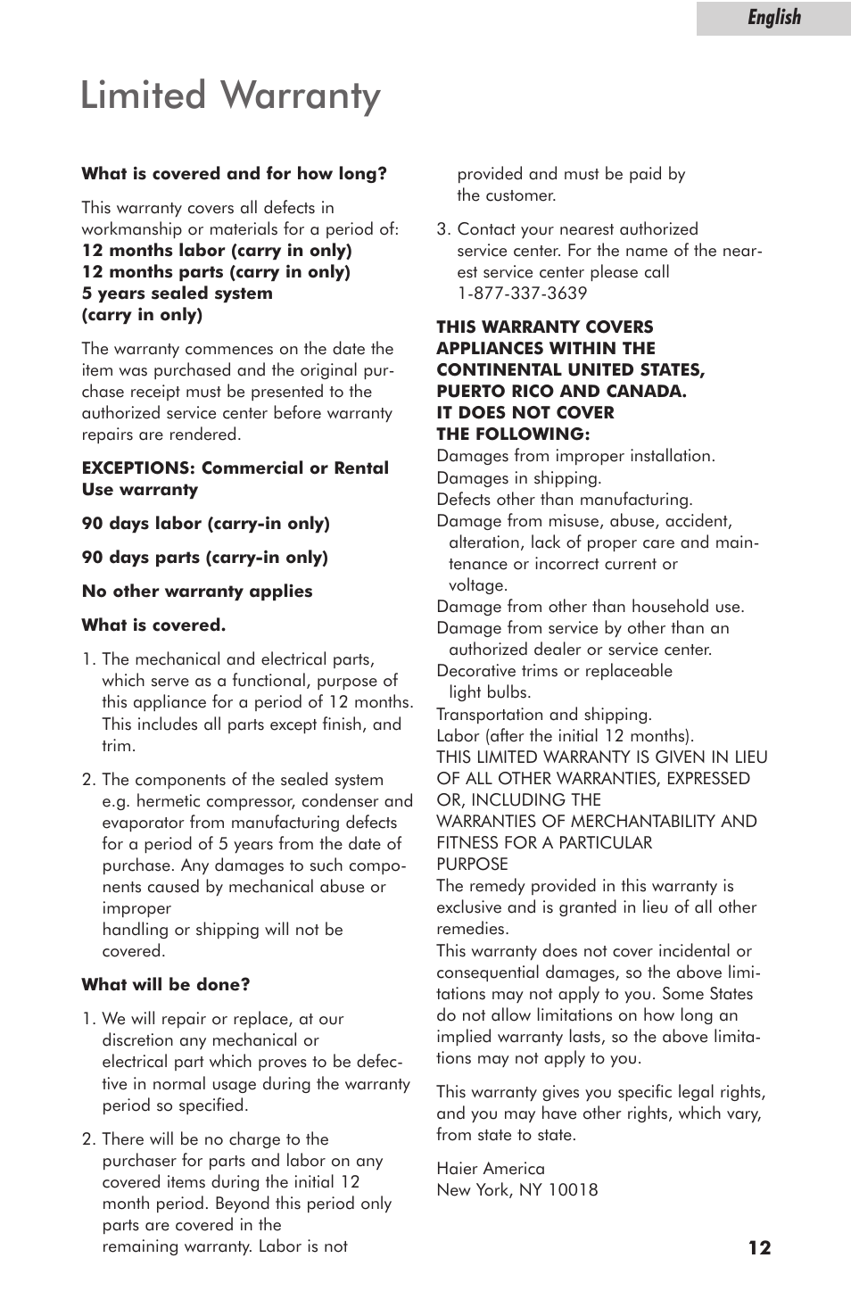 Limited warranty, English | haier HBCN05EBB User Manual | Page 13 / 14