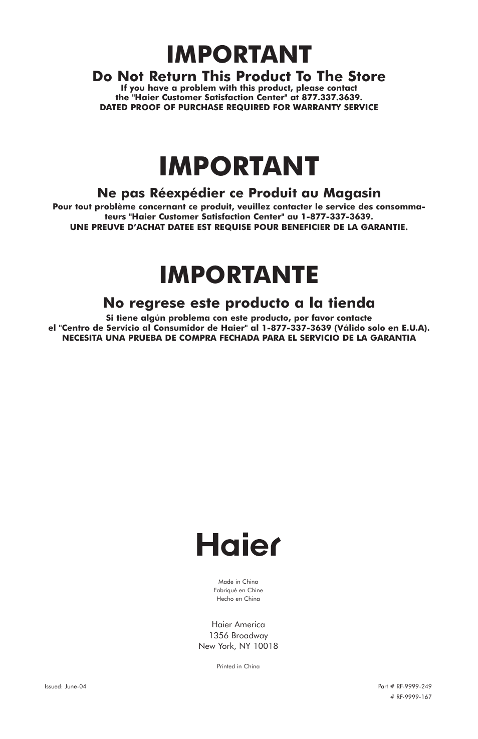 Important, Importante, Do not return this product to the store | No regrese este producto a la tienda, Ne pas réexpédier ce produit au magasin | haier HBCN05EBB User Manual | Page 14 / 14