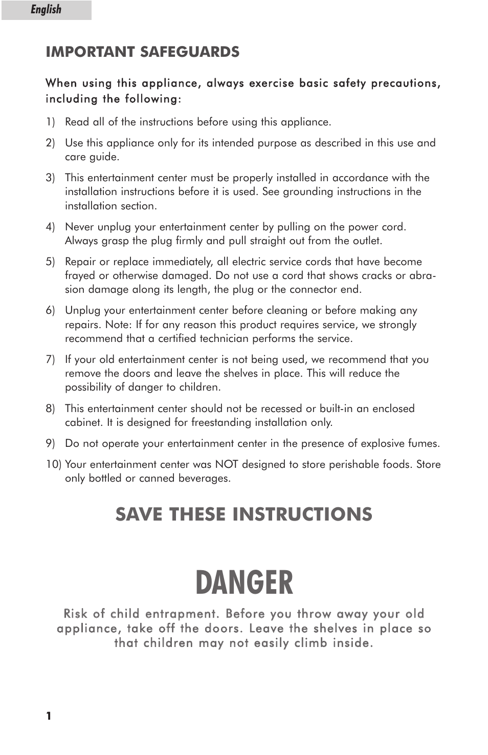 Danger, Save these instructions, Important safeguards | haier HBCN05EBB User Manual | Page 2 / 14