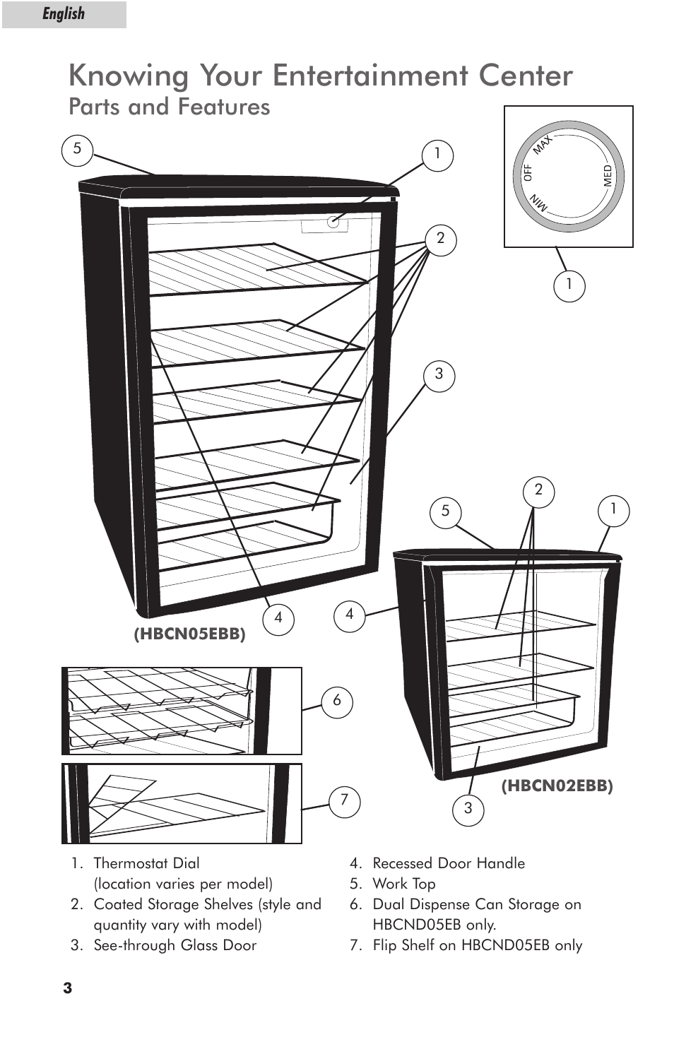 Knowing your entertainment center, Parts and features | haier HBCN05EBB User Manual | Page 4 / 14
