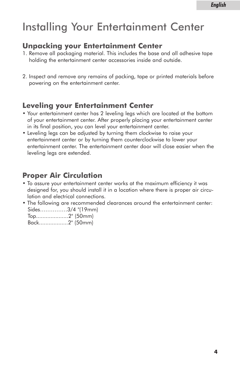 Installing your entertainment center, Unpacking your entertainment center, Leveling your entertainment center | Proper air circulation | haier HBCN05EBB User Manual | Page 5 / 14