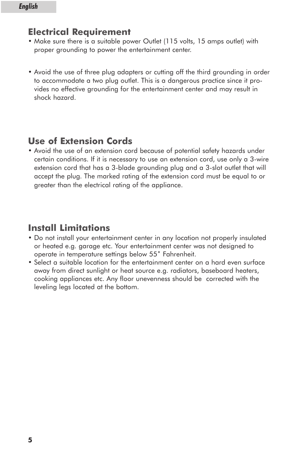 Electrical requirement, Use of extension cords, Install limitations | haier HBCN05EBB User Manual | Page 6 / 14